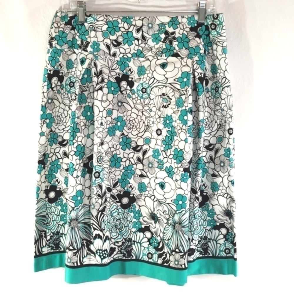 Studio One Teal White Black Floral Full Skirt w/ Side Zipper Sze 12 - Picture 7 of 7
